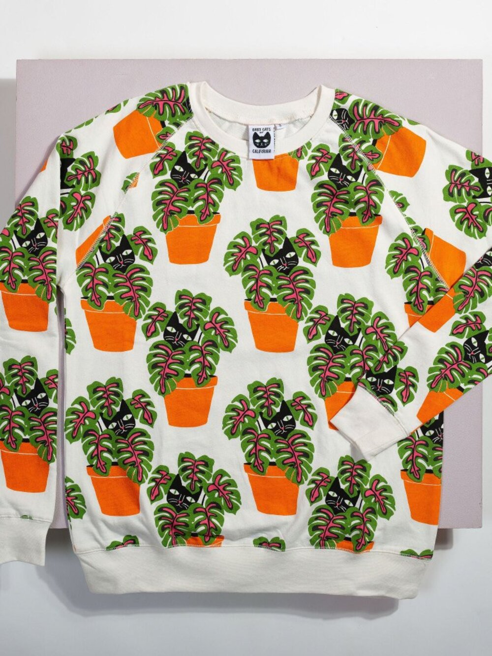 Womens Pullover Sweatshirt with Cats & Monstera Plants Orange Planter Print